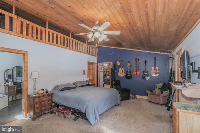 bedroom with ceiling fan, wooden ceiling, and ornamental molding