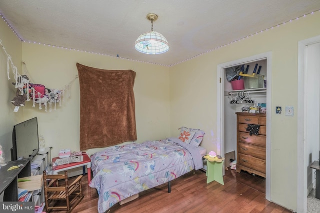 bedroom with hardwood / wood-style flooring and a closet