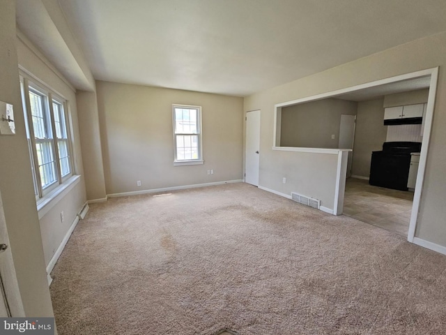 spare room with a wealth of natural light and light carpet