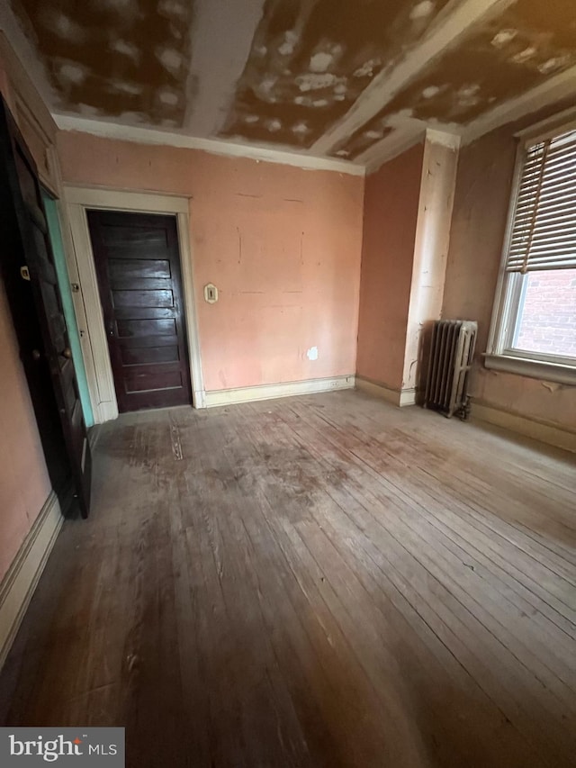 interior space featuring radiator heating unit and light hardwood / wood-style floors