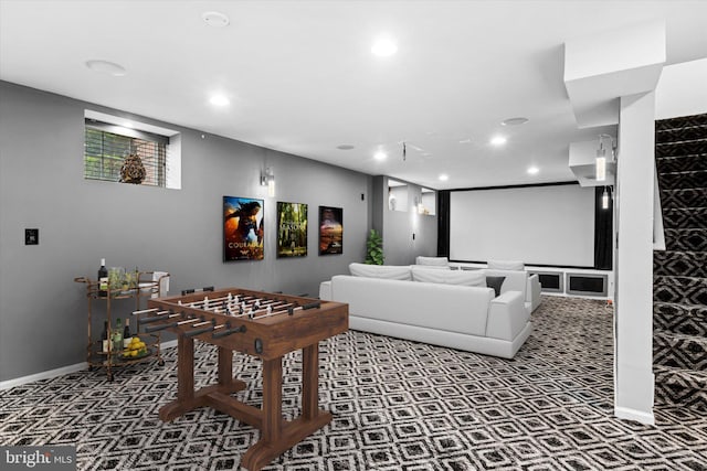 home theater featuring carpet flooring