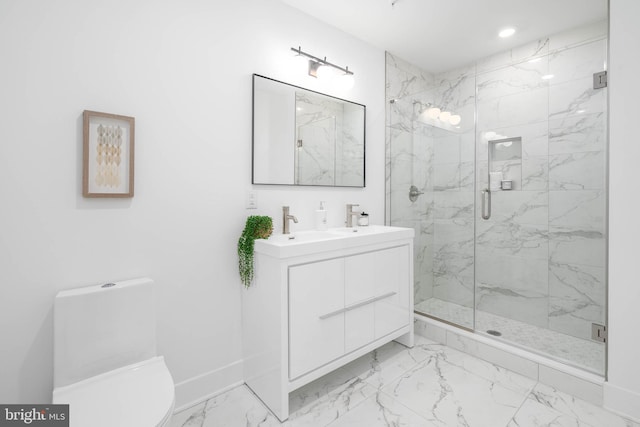 bathroom featuring toilet, an enclosed shower, and vanity