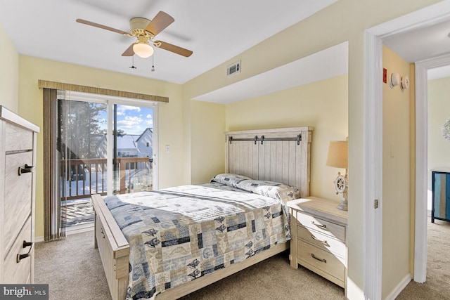 carpeted bedroom featuring ceiling fan and access to exterior