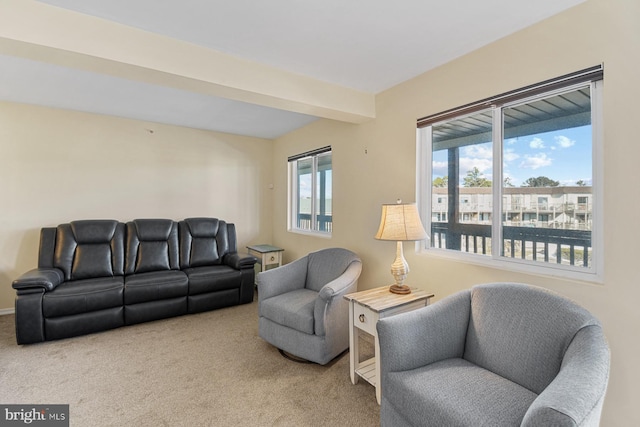 carpeted living room featuring beam ceiling and a wealth of natural light