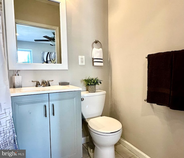 bathroom with ceiling fan, vanity, tile patterned floors, and toilet