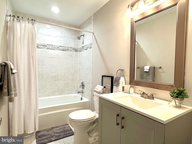 full bathroom with toilet, tile patterned floors, shower / bath combination with curtain, and vanity