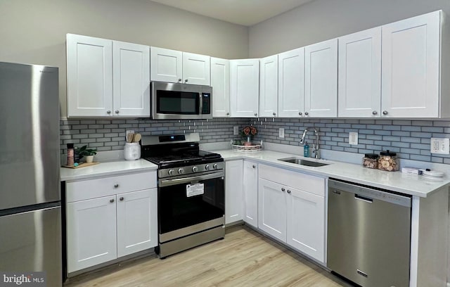 kitchen with sink, white cabinetry, light wood-type flooring, decorative backsplash, and appliances with stainless steel finishes