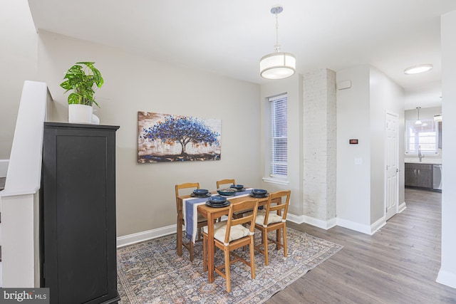 dining area featuring sink and wood-type flooring