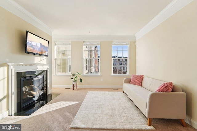 carpeted living room featuring ornamental molding