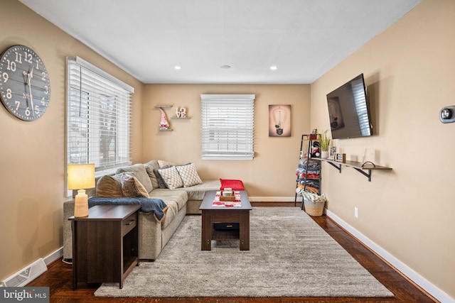 living room featuring dark wood-type flooring