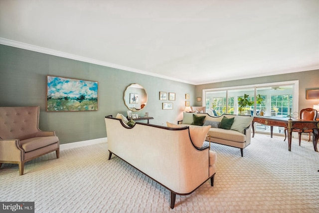 carpeted living room with crown molding