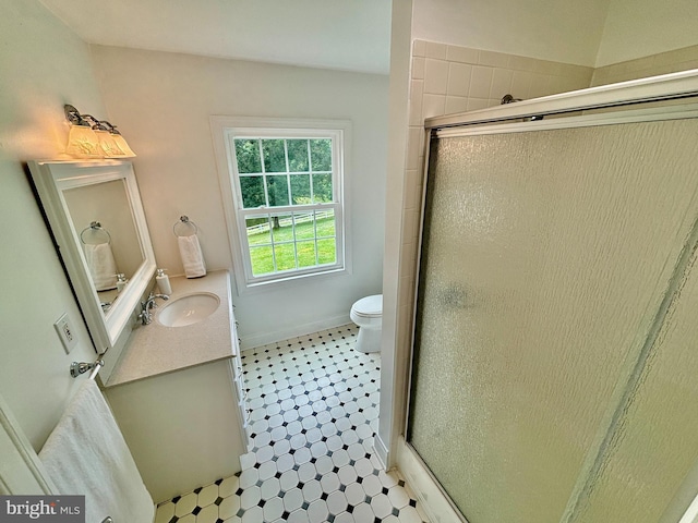 bathroom featuring an enclosed shower, vanity, and toilet