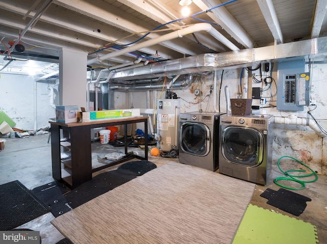 laundry area featuring electric panel, washing machine and dryer, and water heater