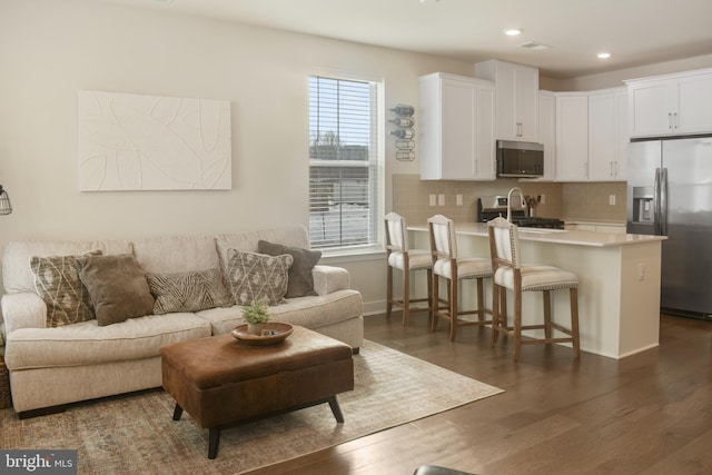 living room featuring sink and dark hardwood / wood-style floors