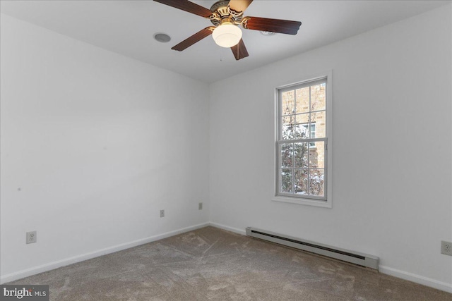 carpeted empty room featuring ceiling fan and a baseboard radiator