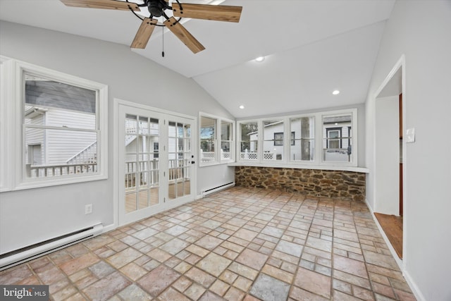 unfurnished sunroom with ceiling fan, vaulted ceiling, and a baseboard radiator