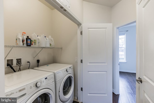 clothes washing area featuring dark hardwood / wood-style flooring and independent washer and dryer