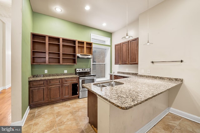 kitchen featuring decorative light fixtures, kitchen peninsula, sink, stainless steel electric stove, and light stone counters