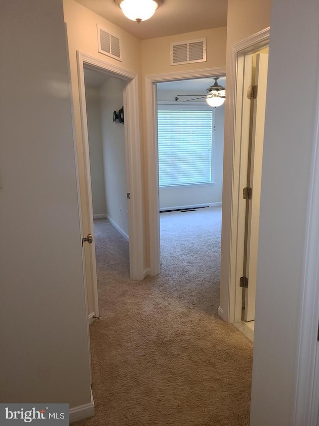 hallway featuring light colored carpet