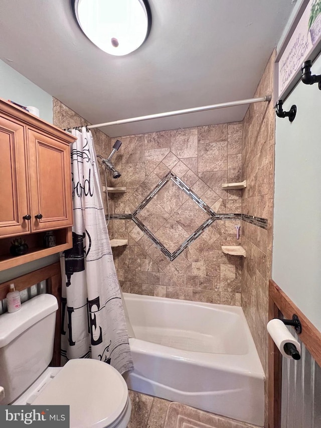 bathroom featuring toilet and shower / bathtub combination with curtain