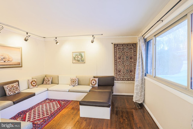 living room with dark wood-type flooring and track lighting