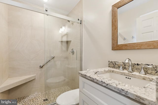 bathroom with toilet, a shower stall, and vanity