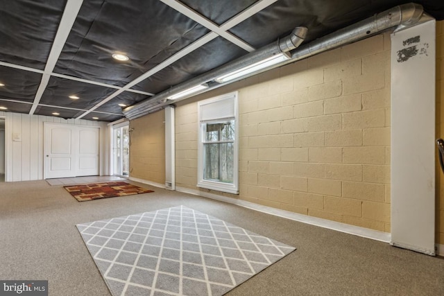 basement with concrete block wall and carpet