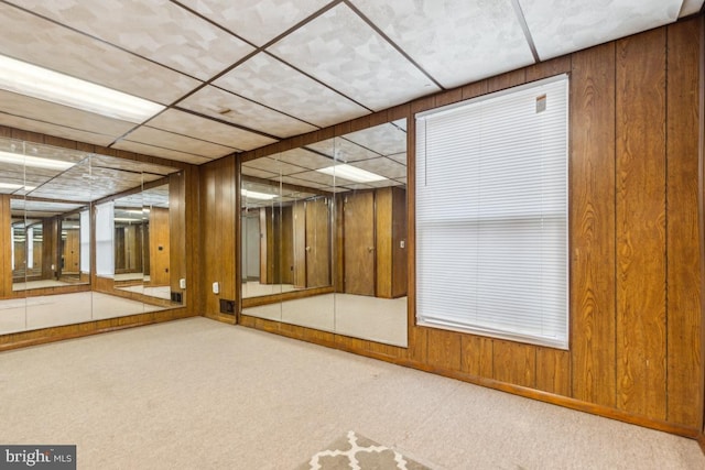 spare room featuring carpet flooring and wood walls