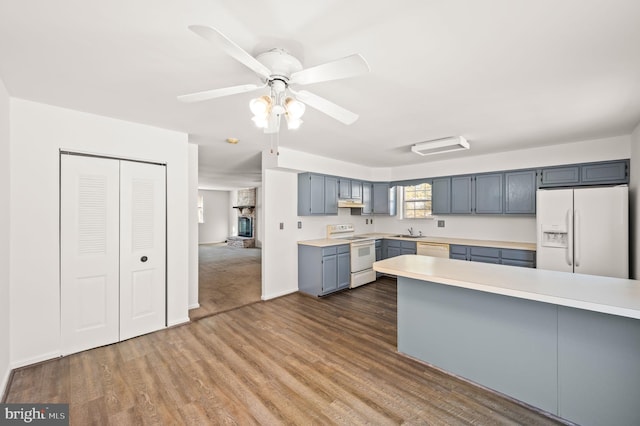 kitchen with dark hardwood / wood-style floors, ceiling fan, sink, and white appliances