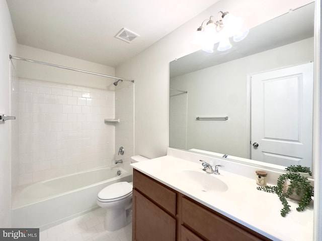 full bathroom featuring bathing tub / shower combination, tile patterned flooring, vanity, and toilet