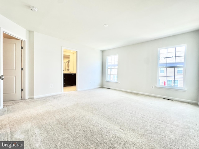 spare room with a wealth of natural light and light carpet