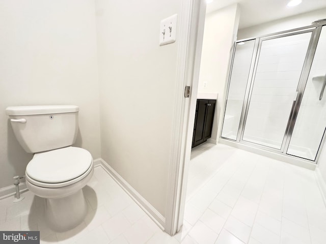 bathroom with toilet, a shower with shower door, and tile patterned floors