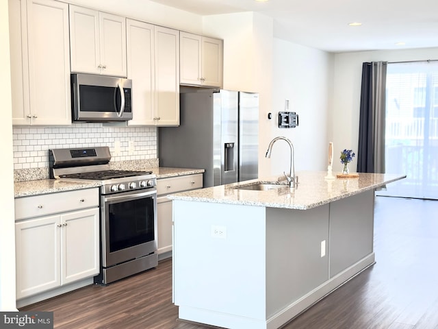 kitchen featuring appliances with stainless steel finishes, a kitchen island with sink, light stone counters, and sink