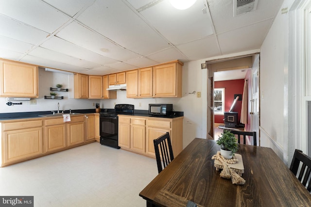 kitchen featuring dark countertops, black appliances, light brown cabinets, and a sink