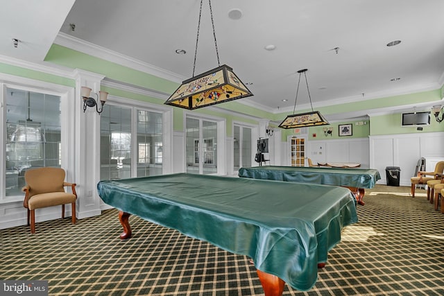 playroom with french doors, crown molding, billiards, and carpet