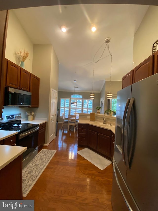 kitchen featuring appliances with stainless steel finishes, a notable chandelier, dark wood-type flooring, pendant lighting, and sink