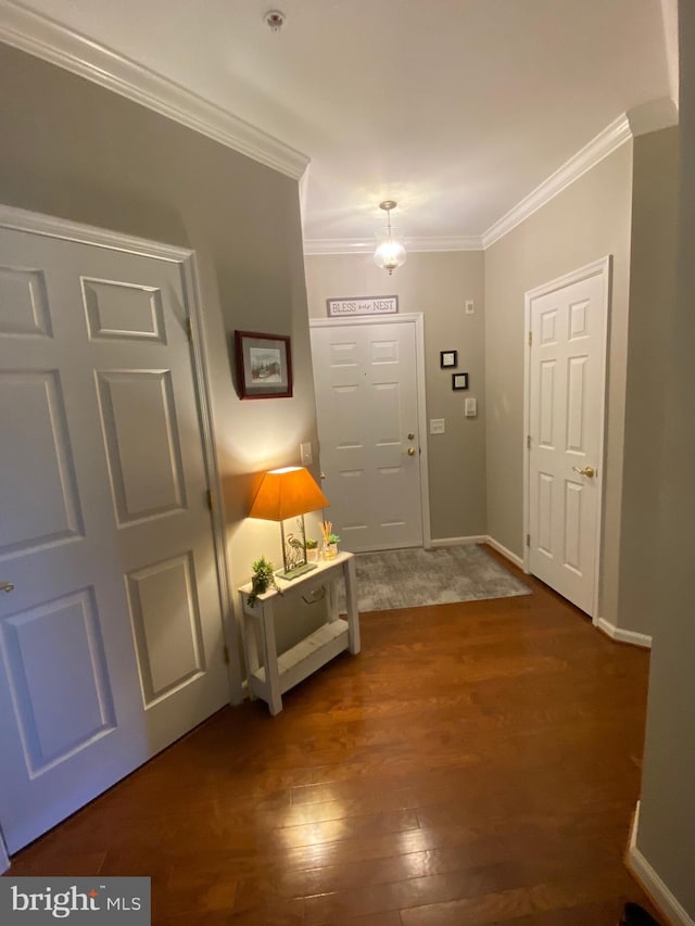 entryway with ornamental molding and dark hardwood / wood-style floors