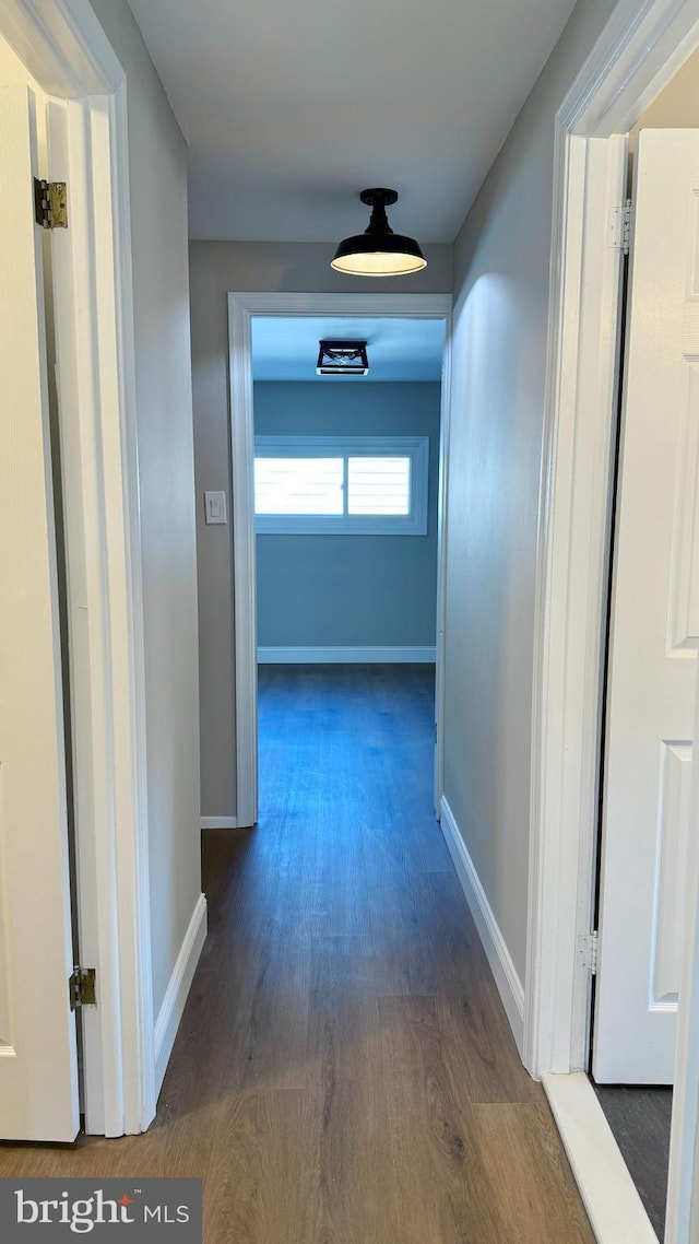 corridor featuring dark wood-type flooring