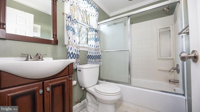 full bathroom with toilet, shower / bath combination with glass door, tile patterned floors, ornamental molding, and vanity