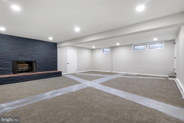 basement featuring a fireplace