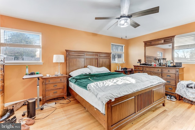 bedroom featuring ceiling fan and light wood-type flooring