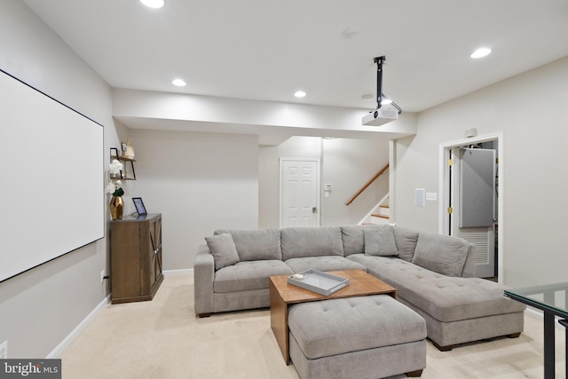 living room featuring light colored carpet