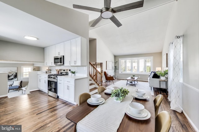 dining space featuring ceiling fan, lofted ceiling, and wood-type flooring