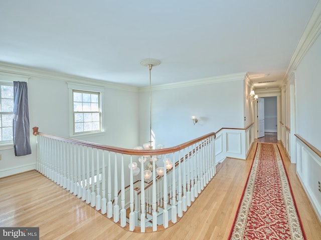 corridor with crown molding and hardwood / wood-style floors