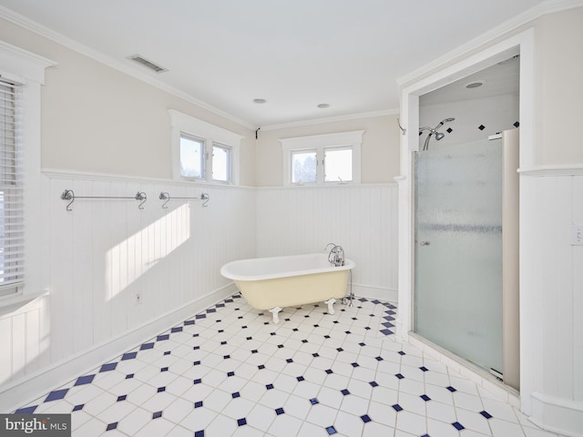 bathroom featuring independent shower and bath and crown molding