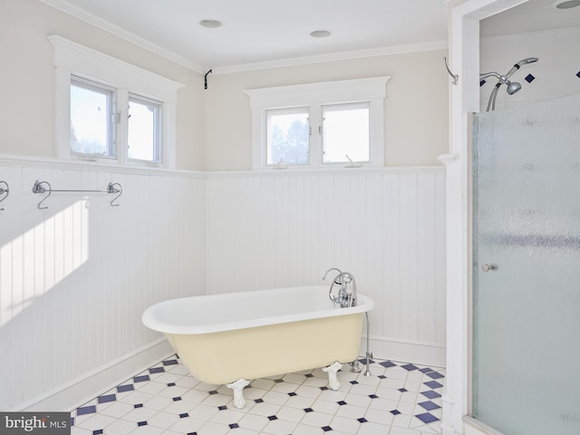 bathroom with wooden walls, crown molding, and plus walk in shower