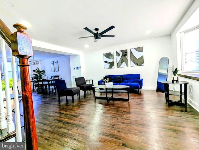 living room with ceiling fan and dark hardwood / wood-style floors