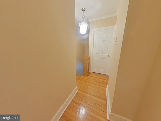 corridor featuring hardwood / wood-style flooring and ornamental molding