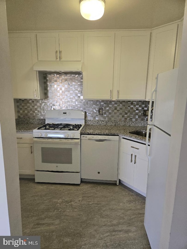 kitchen featuring white cabinets, backsplash, white appliances, and light stone countertops