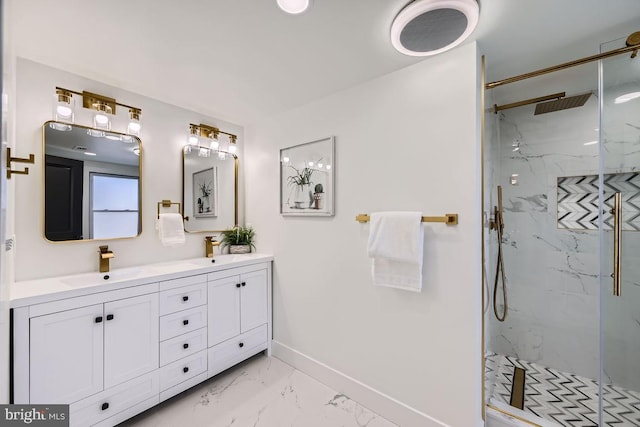 bathroom with an enclosed shower and vanity